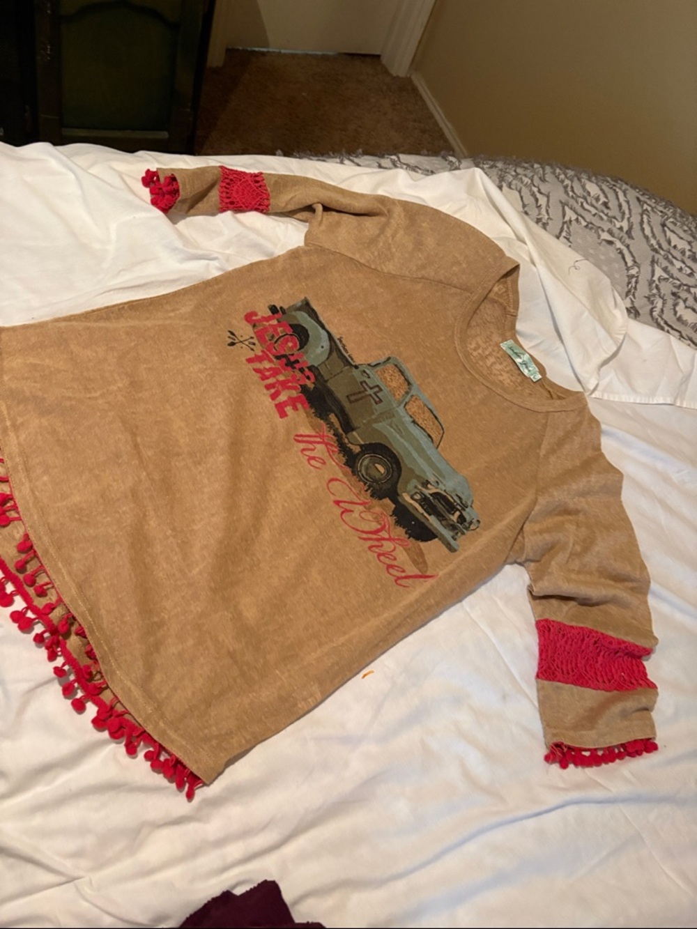 Southern Grace Tan Girls' Graphic Truck Sweatshirt with Red Trim and Tassels